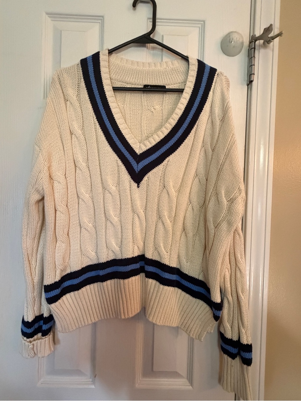 Olivaceous Cream Cable-Knit V-Neck Sweater with Navy and Light Blue Trim